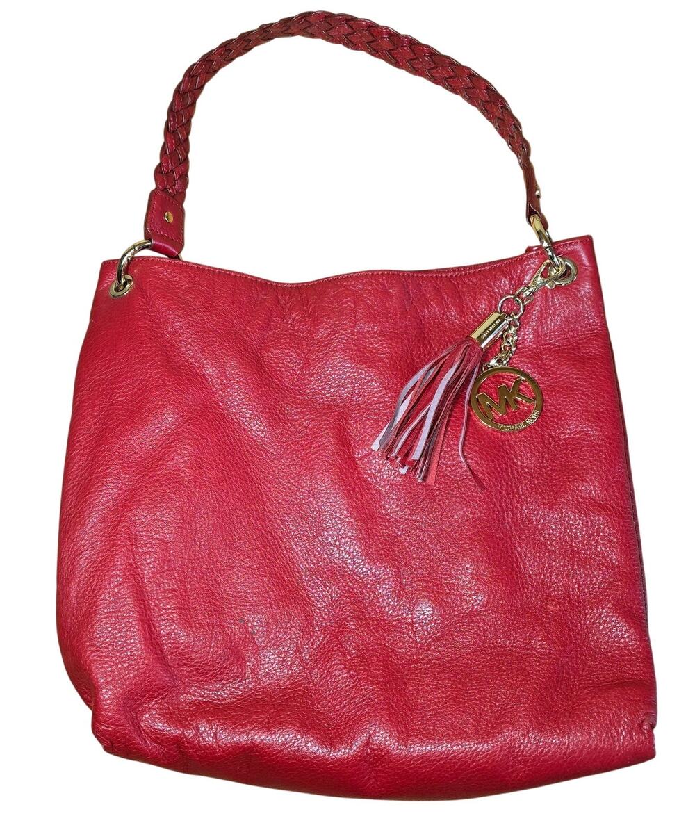 Michael Kors Cherry Red Pebbled Hobo Bag Braided strap Handle Gold Hardware